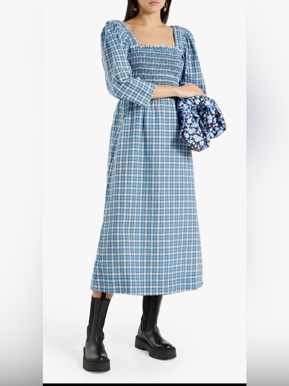 GANNI Shirred Checked Seersucker Midi Dress - Azure Blue Plaid. Size 38 US 6